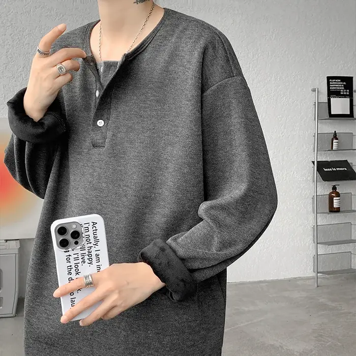 T-shirt à manches longues Henley pour homme, col rond, couleur unie, taille M-XXXXXL, 5XL, couche de base pour superposition