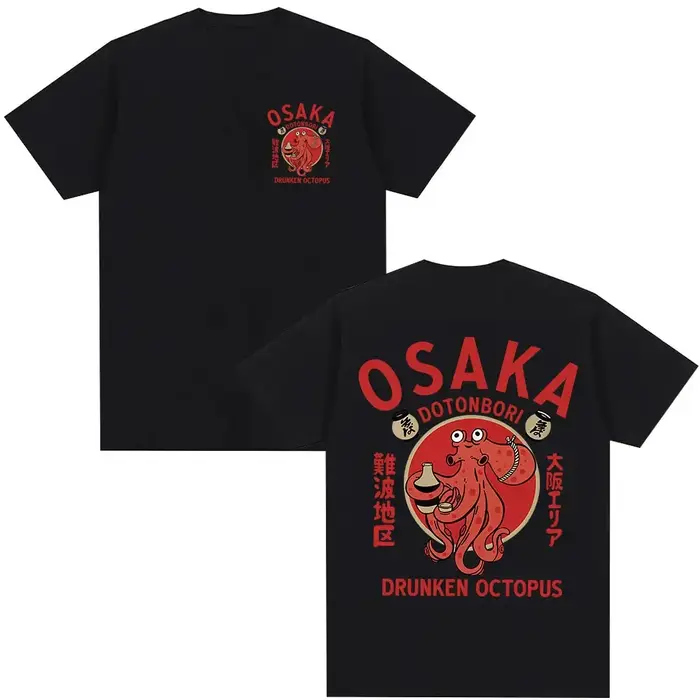 Japonais Osaka Dotonbori poulpe ivre amateur de nourriture t-shirts drôles hommes femmes rétro Harajuku surdimensionné coton T-Shirt Streetwear