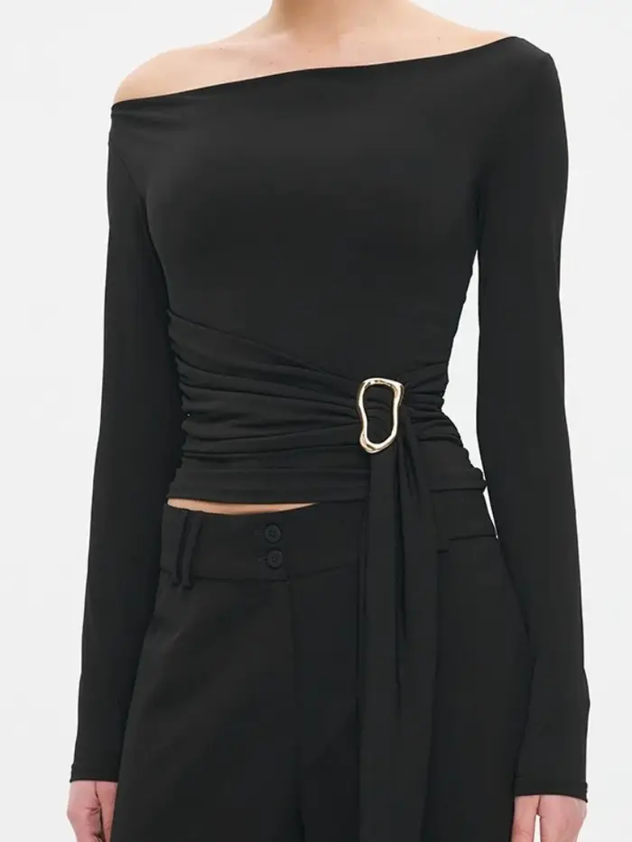 T-shirts à manches longues pour femmes vêtements esthétiques Slash cou haut court glands t-shirt couleur unie Camisetas coupe ajustée Ropa De Mujer