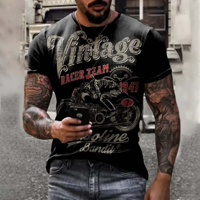 T-shirt de moto hommes impression 3D à manches courtes Vintage classiques