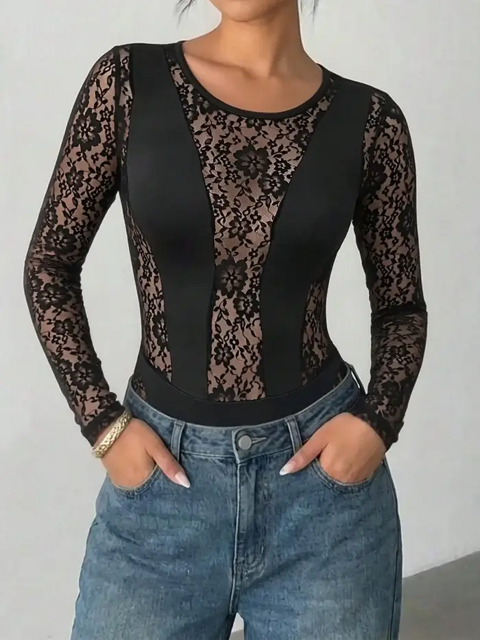 Body en dentelle à manches longues et col rond pour femme