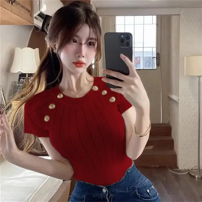T-Shirt extensible à col rond et perles pour femmes, décontracté, à la mode