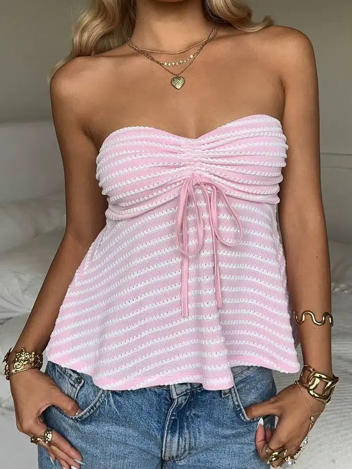 Haut d'été rose rayé à cordon de serrage, tricoté, taille élastique, coupe décontractée