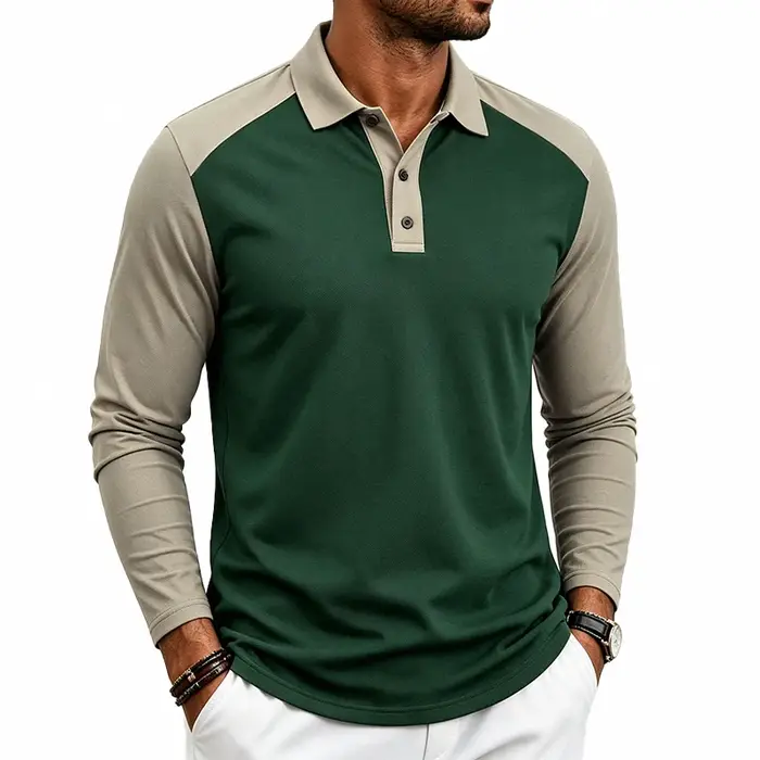 Polo à manches raglan color-block pour homme, idéal pour l'automne, T-shirt décontracté à manches longues pour le travail avec col rabattable