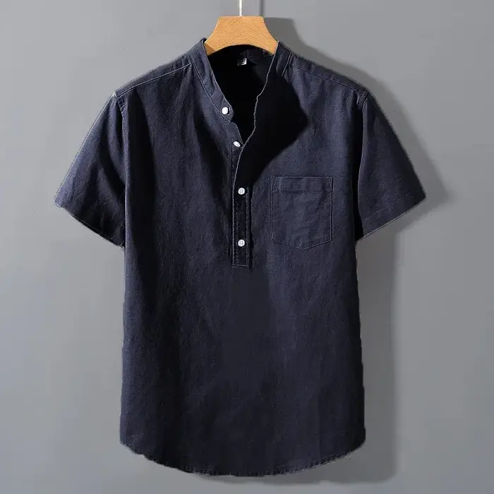 Nouveaux hommes à manches courtes t-shirts couleur unie col montant chemise été à la mode respirant ample jeunesse basique coton poche haut