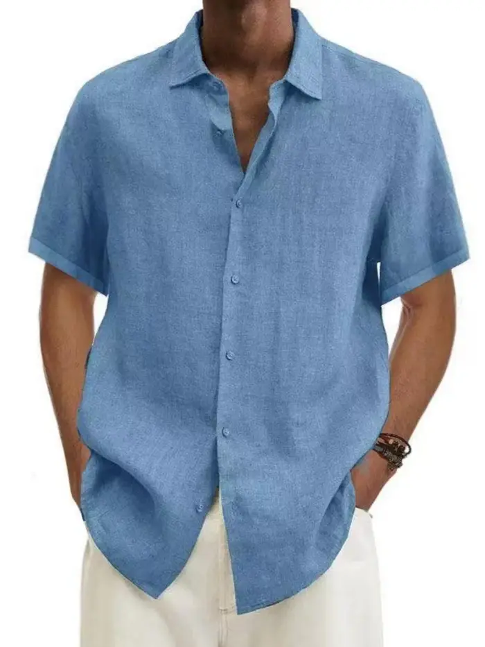 Chemise à manches courtes pour homme en mélange de lin, col boutonné décontracté, légère et respirante