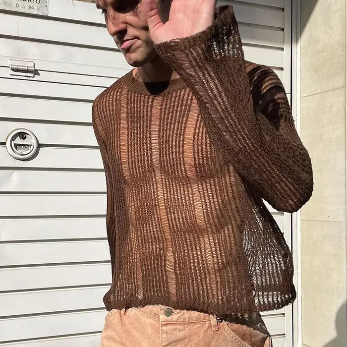 Hommes t-shirts nouvelle mode tissé couleur unie haut en maille tricot chemise mince à manches longues Sexy T-shirt