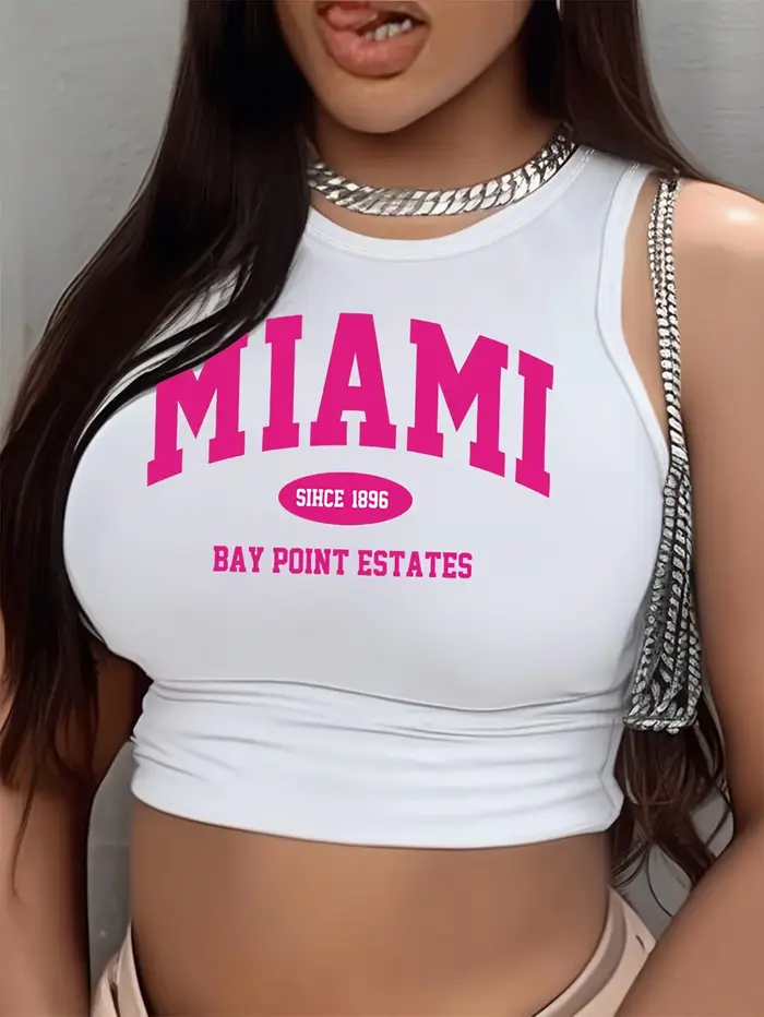 Débardeur à col rond imprimé Miami, débardeur court décontracté sans manches pour le printemps et l'été, vêtements pour femmes, hauts courts pour femmes