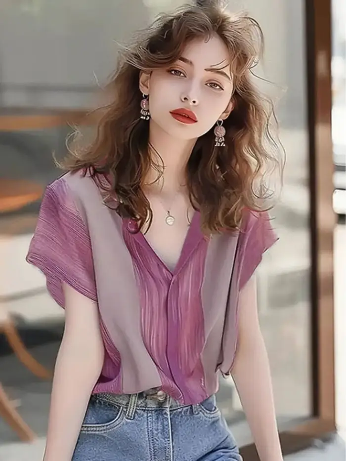 Chemise à manches courtes épissée à rayures violettes françaises