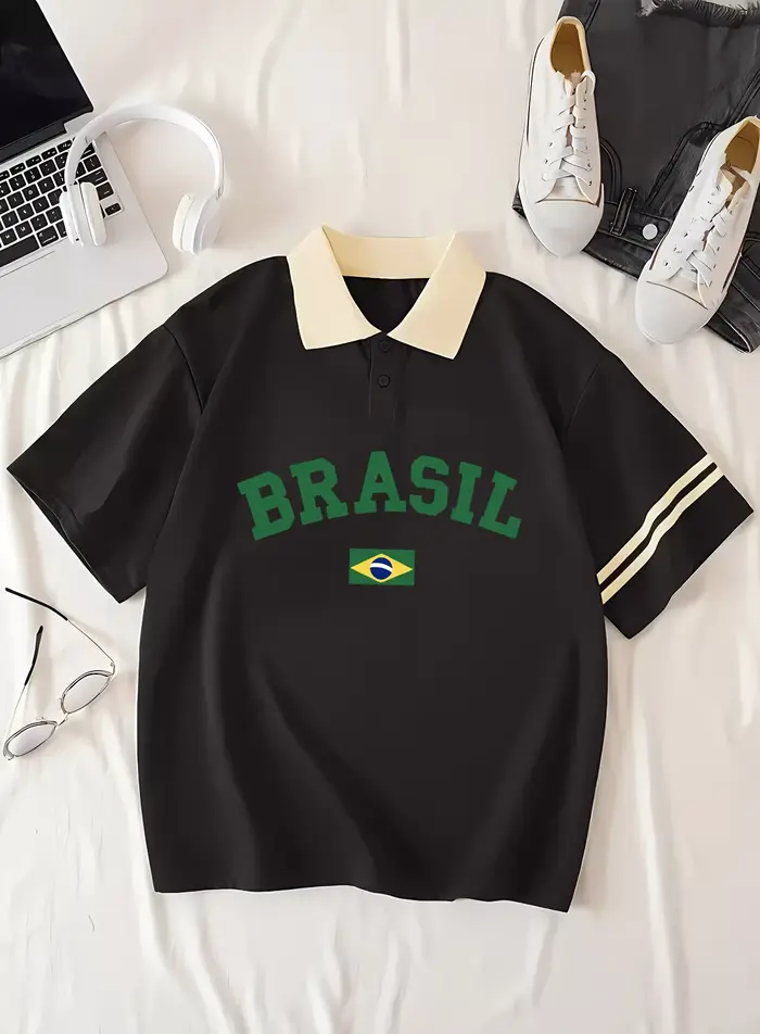 Drapeau brésilien imprimé col polo femme décontracté manches courtes à la mode
