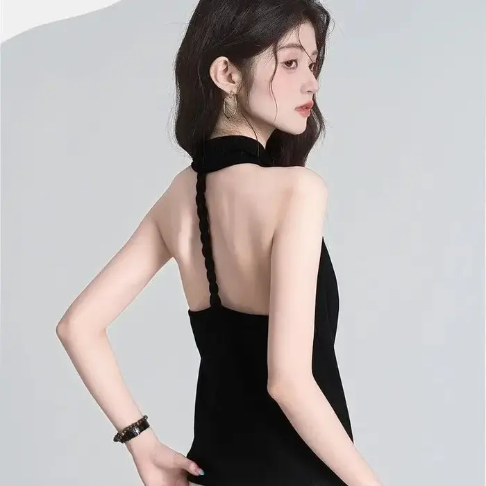 Haut d'été élégant pour femme à col bénitier, sans manches, en maille de soie glacée, dos nu, sexy, 