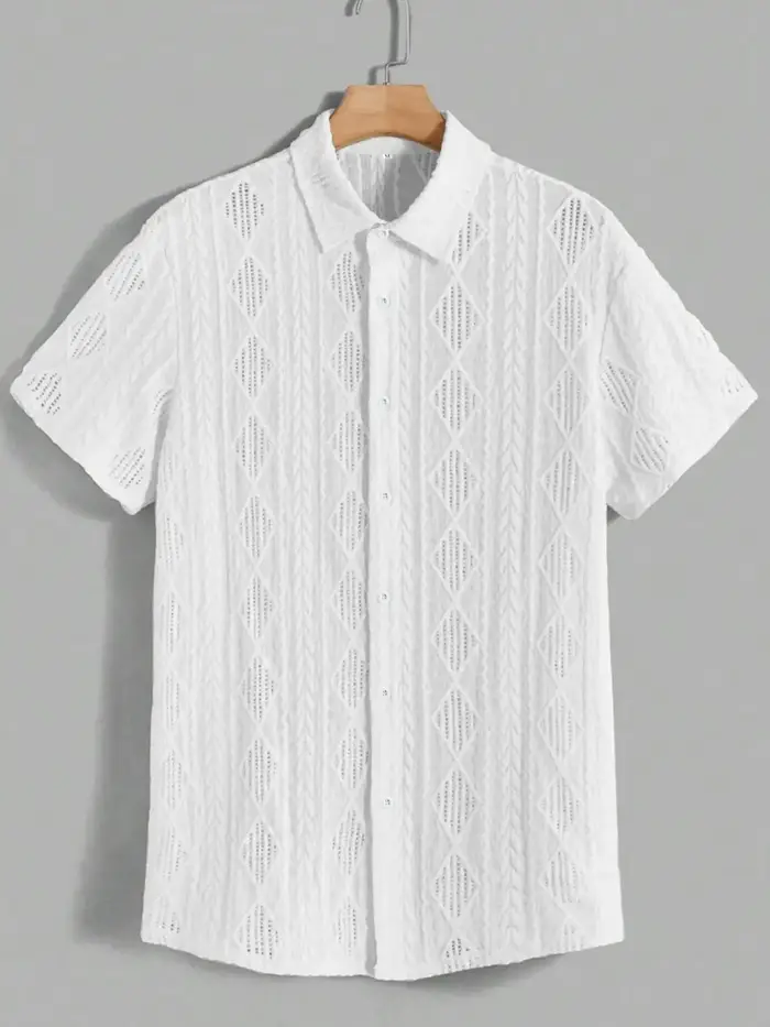 Chemise à manches courtes pour hommes, coupe slim, couleur unie, avec boutons, haut décontracté ajouré, adapté à la mode estivale et au quotidien.