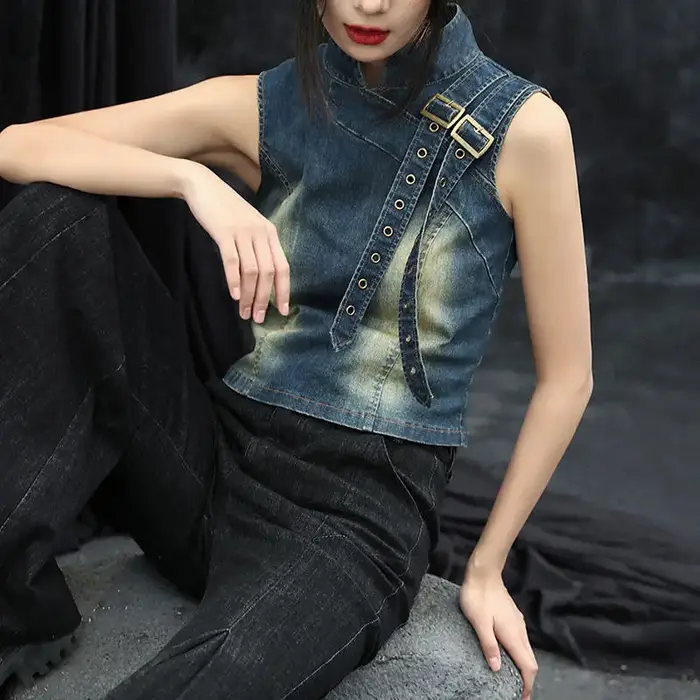 Haut en Denim pour femmes, nouveau T-shirt rétro d'été 2025, col montant, T-shirt court polyvalent à la taille