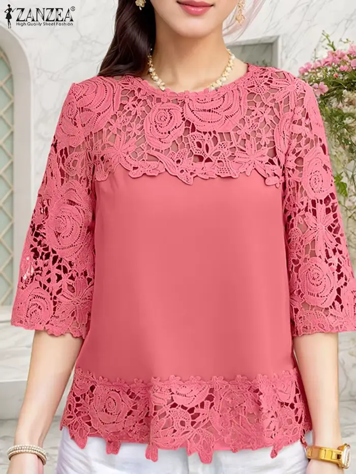 ZANZEA élégant dentelle Patchwork Blouse été hauts 2025 transparent chemises décontractées mode 3/4 
