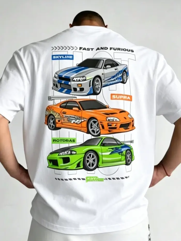 T-shirt graphique triple imprimé « Fast and Furious », coupe classique, en matière non-coton, décont