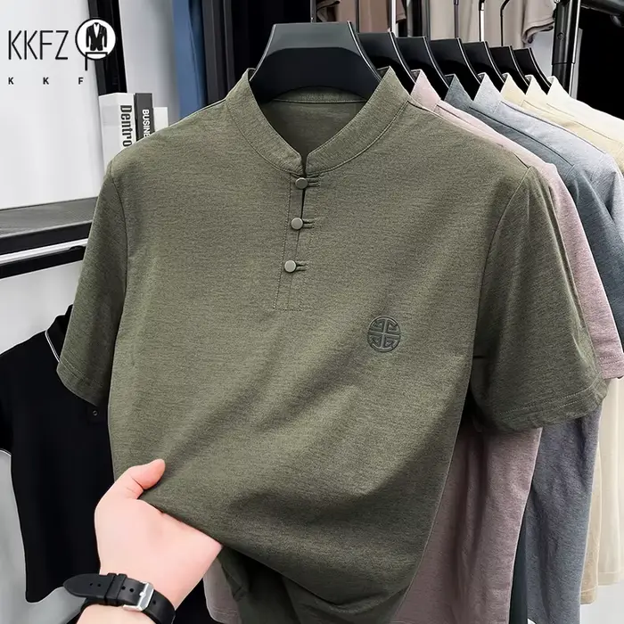 T-shirt décontracté pour homme à col mandarin et manches courtes