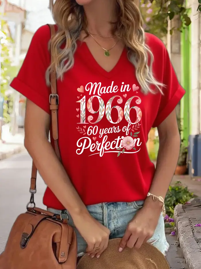 T-shirt graphique col en V pour femme « Made in 1966 », T-shirt imprimé « 60 ans de perfection », haut décontracté à manches courtes pour anniversaire