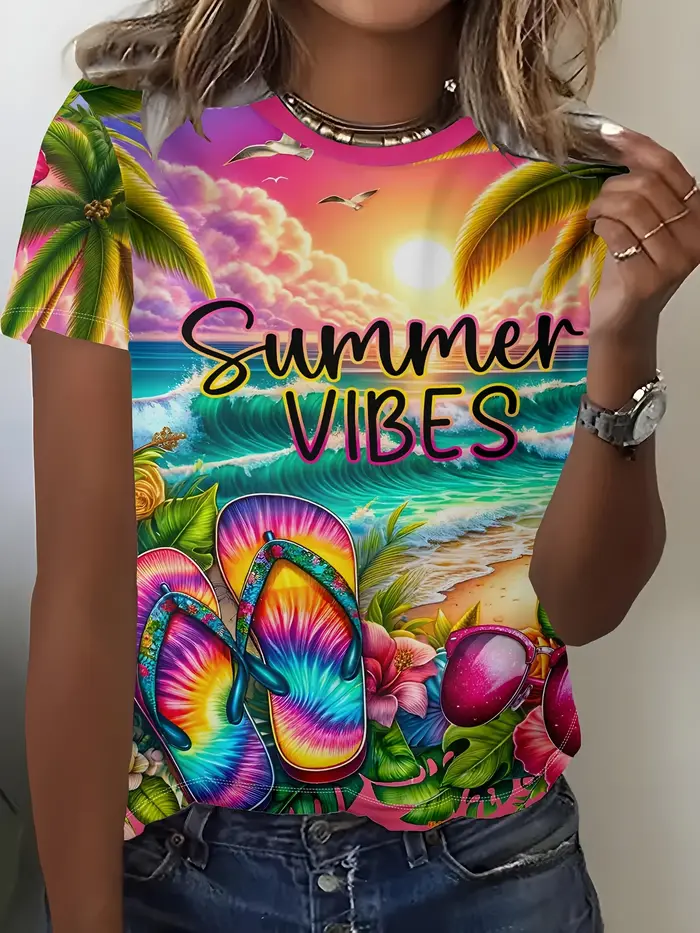 T-shirt vibrant pour femme - Motif graphique de plage « Summer Vibes »