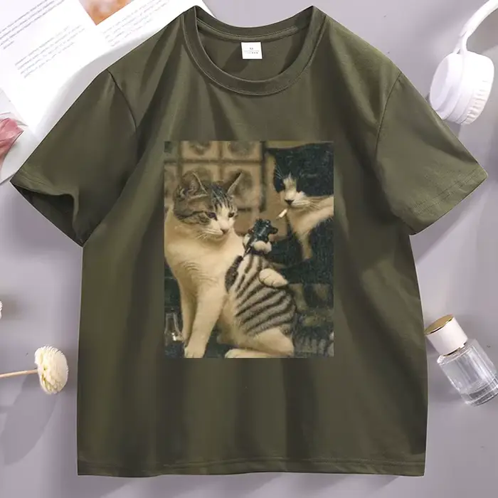 Tatouage chat Meme t-shirt décontracté coton à manches courtes t-shirts graphiques Streetwear haute qualité