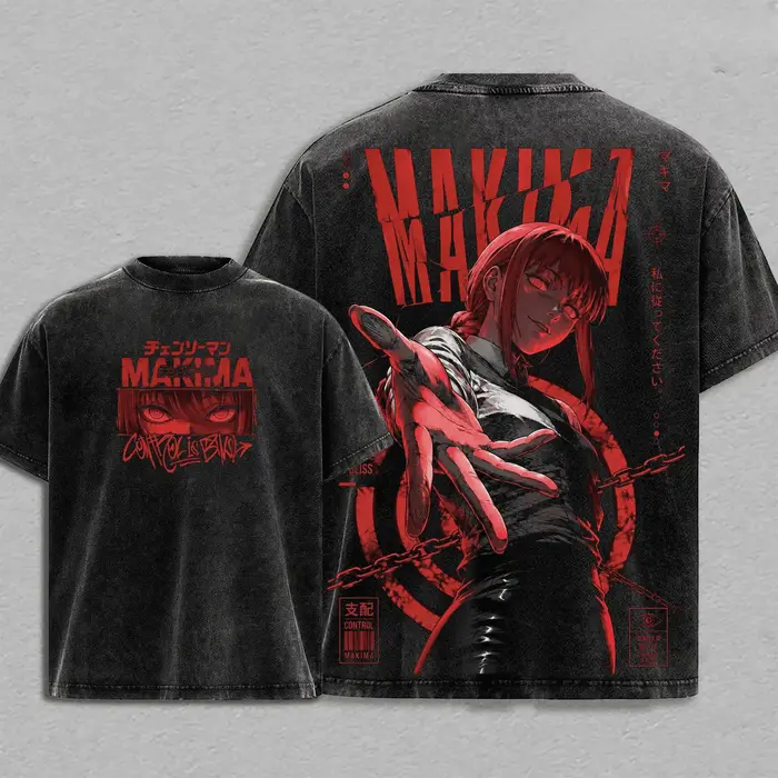 T-shirt Makima Chainsaw Man Anime pour hommes, vêtements d'été à manches courtes, en pur coton, vêtements Vintage lavés, T-shirt surdimensionné