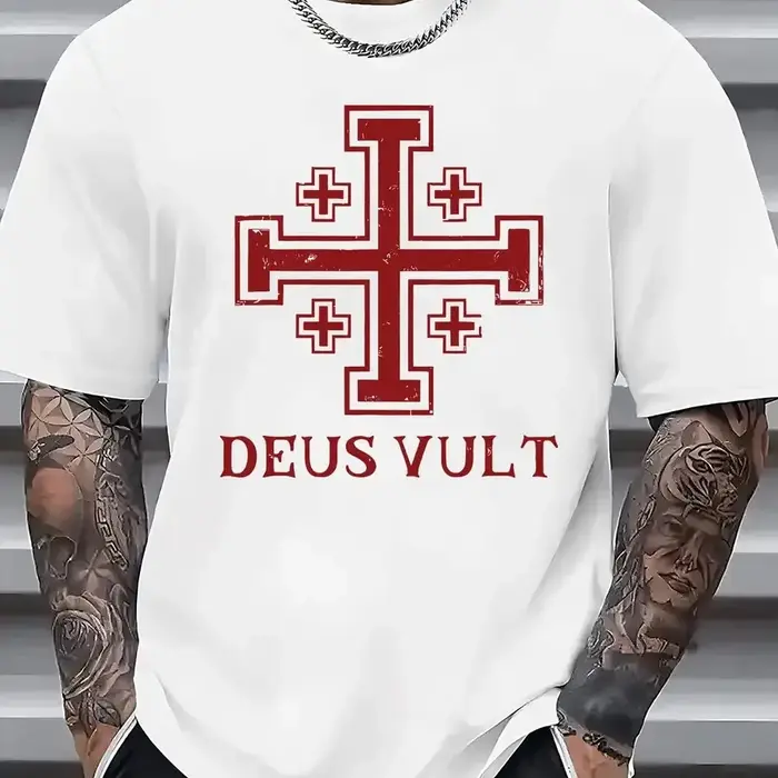 T-shirt graphique médiéval croix de Jérusalem Deus Vult pour homme