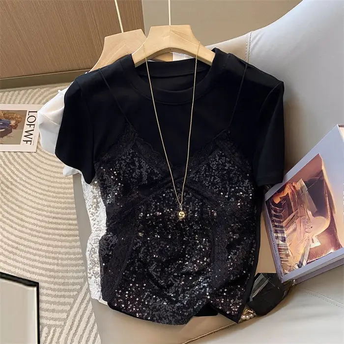 Faux 2 pièces t-shirt pour femmes printemps été dentelle Patchwork T-shirts mode coréenne doux à manches courtes Ropa De Mujer
