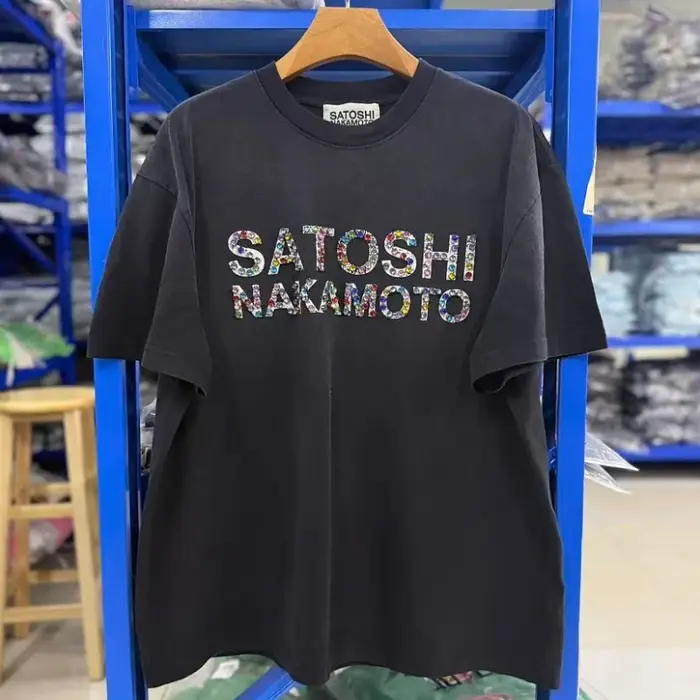 Nouveau T-shirt Satoshi en coton noir à col rond, imprimé, grande taille, pour homme, avec incrustat
