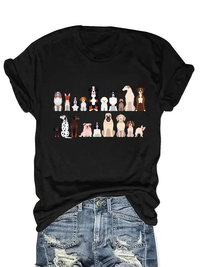 T-shirt pour femme avec collage de races de chiens mignons - Haut décontracté pour les amoureux des animaux