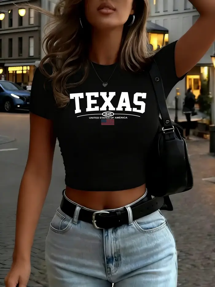 Texas Usa City Art lettre 1945 Design t-shirt femme respirant haut de taille mince été culture T-Shirts col rond décontracté à manches courtes