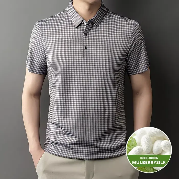 2025 Top Grade mûrier soie Anti-rides nouvelle marque d'été Polo à manches courtes décontracté hauts mode à carreaux hommes vêtements