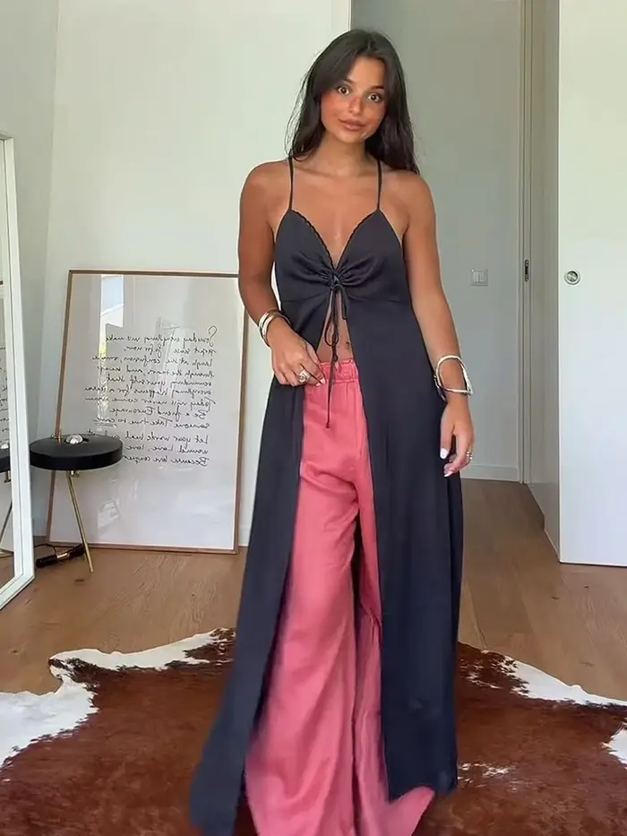 TFMLN Haut décontracté à longues bretelles pour femme, chic, uni, à lacets, sans manches, à fines bretelles, avec fente haute, style streetwear, pour l'été