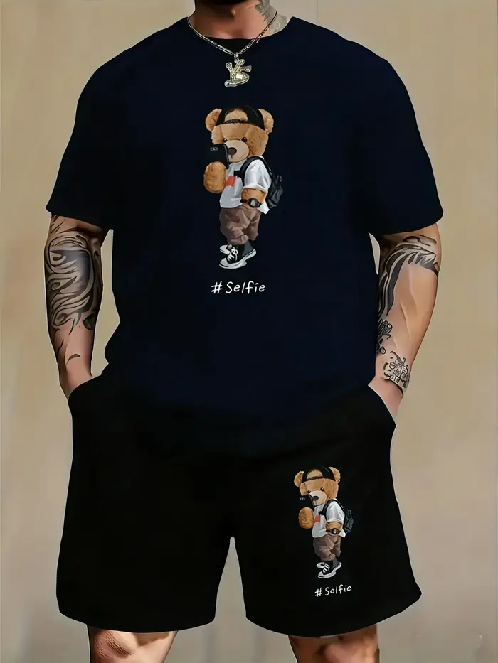 Ensemble deux pièces noir pour homme Selfie Teddy Bear : T-shirt à manches courtes et short