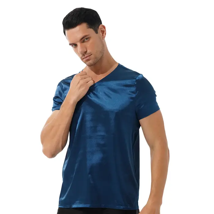 Iiniim-T-Shirt en Satin à Manches Courtes et Col en V pour Homme