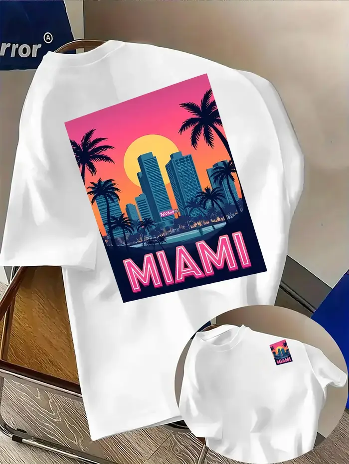 T-shirt pour homme en coton 100% doux de qualité supérieure avec impression du coucher de soleil de Miami