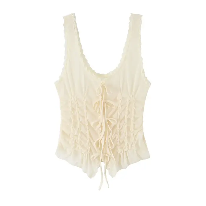Débardeur Corset en Chiffon Plissé à Bretelles et Dentelle Style Français HH pour Femme, avec Nœud s