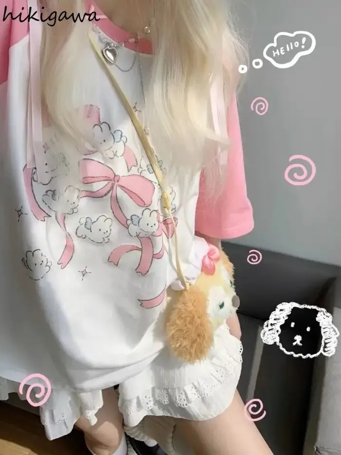 Kawaii rose t-shirts femmes japonais Y2k Style doux fille dessin animé