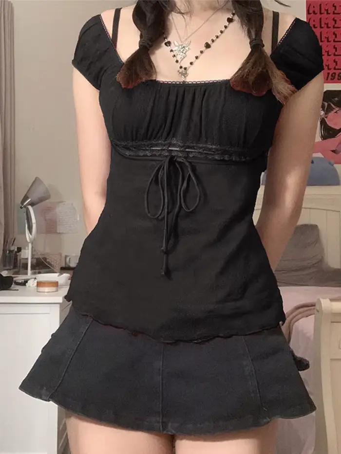 T-shirt en dentelle douce esthétique des années 2000 pour femmes