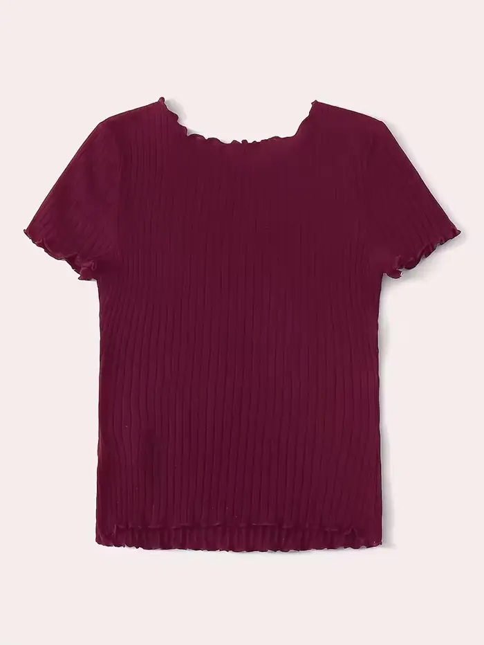T-shirt côtelé bordeaux uni à manches courtes pour femme