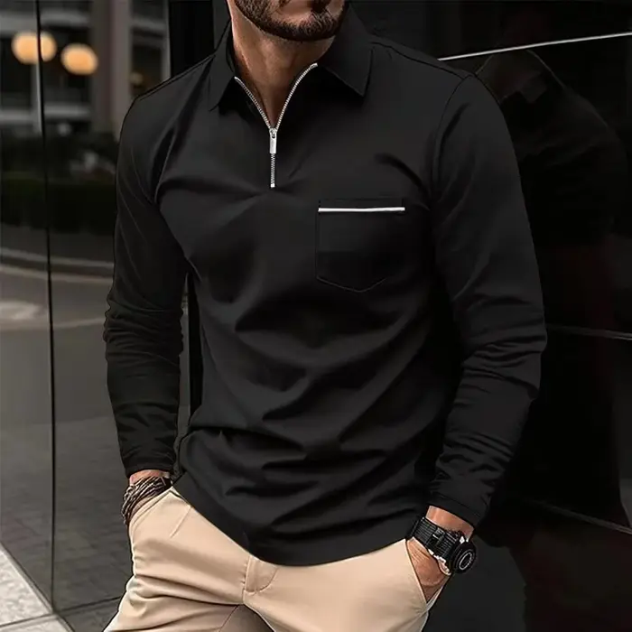 Polo à manches longues pour hommes avec poche zippée, col à revers, couleur unie, hauts décontractés