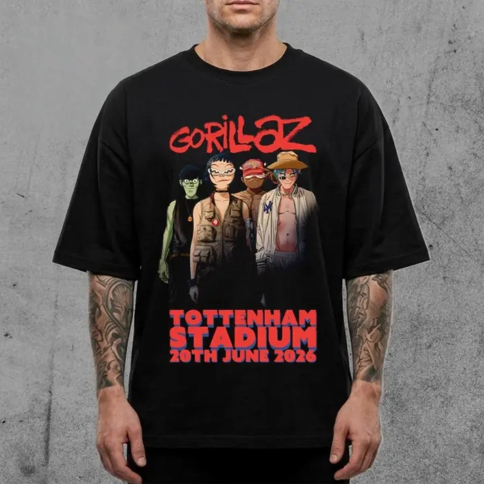 Gorillaz TOTTENHAM STADIUM 20TH JUNE 2026 Merch Summer T Shirt Coton Unisexe Hommes Femmes T-Shirt F