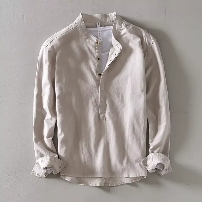 Polo à manches longues pour homme, coupe ample, style rétro, mélange de lin et de coton, col montant