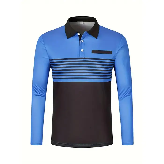 Polo à manches longues pour homme, color block, rayé, avec patte de boutonnage, décontracté, respira