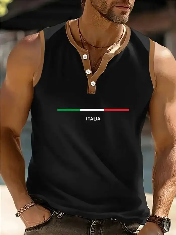 Débardeur Henley Homme à Bordures Contrastantes Imprimé Été Respirant Sans Manches Gilet Musculaire 