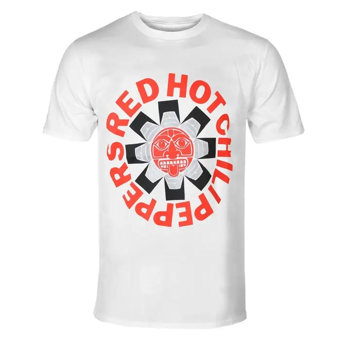 T-shirt graphique du groupe Red Hot Chili Peppers avec lettres rouges circulaires vieillies et étoil