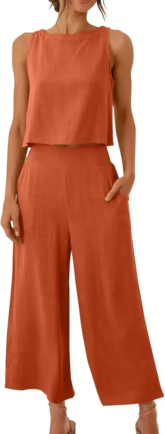 Gilet d'été sans manches pour femmes, avec boutons et poches, ensemble de jambes larges de sept pied