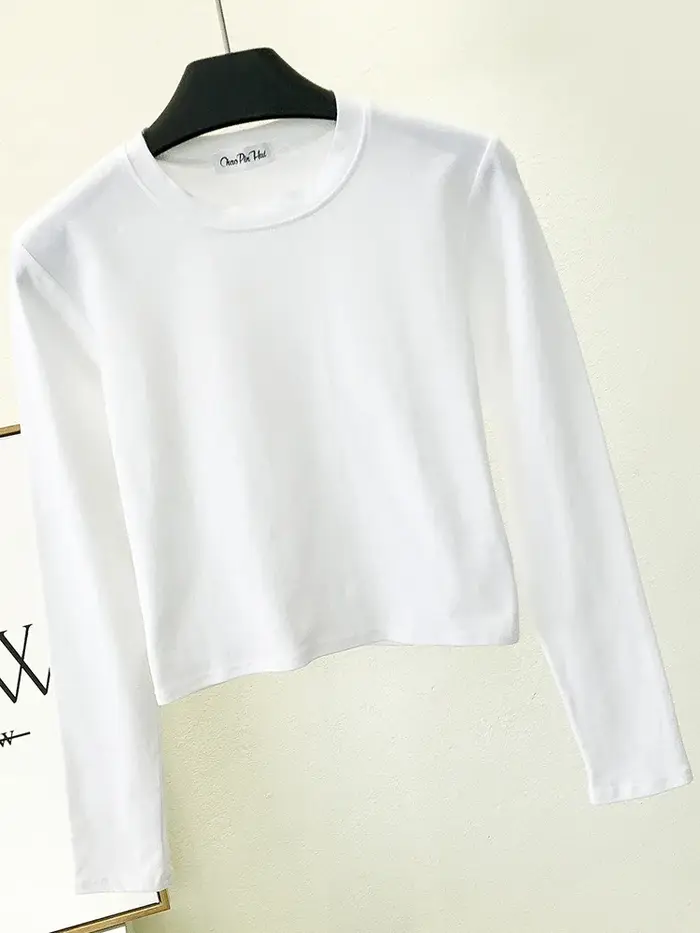 Vêtements en coton noir sexy pour femmes, col rond, manches longues, nombril, base d'automne, mode d