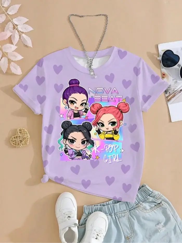 T-shirt graphique K-Pop pour filles - Motif cœur violet imprimé Nova Beat Chibi, tee-shirt décontracté pour enfants