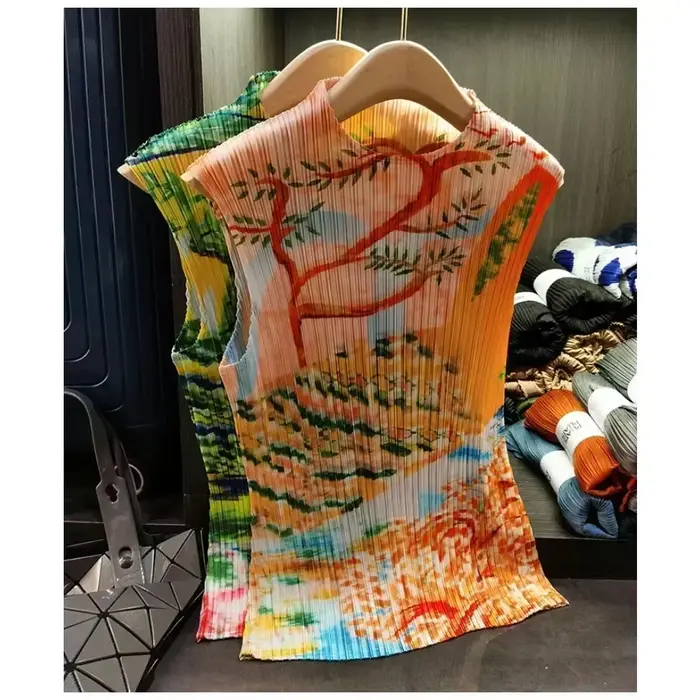 Plisceaux conception originale T-shirt 2025 été plissé fleur imprimé hauts décontracté mode apparaître mince ample rétro femmes vêtements