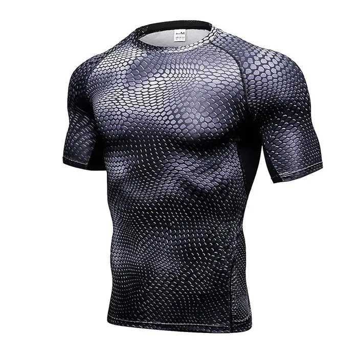Chemises imprimées à Compression pour hommes, T-Shirt d'entraînement à manches courtes, hauts de cou