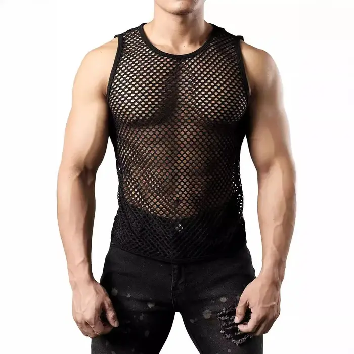 Débardeurs sexy en résille pour hommes, t-shirts sans manches ajourés unis, hauts en maille transpar